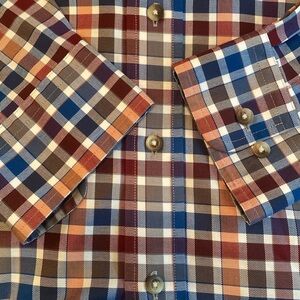 Jos A Bank Travelers Collection Cotton Plaid Button Down Blue Orange Shirt LARGE